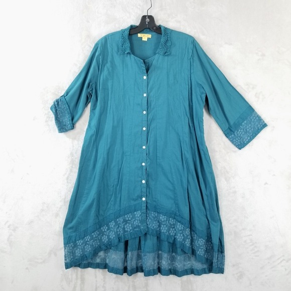 April Cornell Dresses & Skirts - Vintage April Cornell Dress M Blue Lace Cotton Button Front Duster Prairie Boho